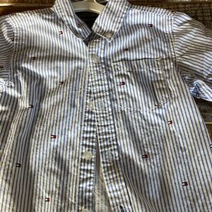 Tommy Hilfiger Blue and White Striped Button-Down Shirt with Flag Embroidery